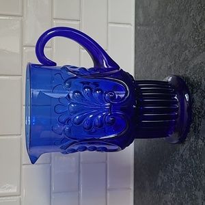 Vintage Pilgrim Glass Cobalt Blue Handle 8 Inch Water Vase Pitcher
